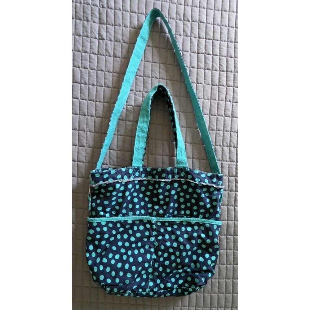 Thirty-One Retro Metro Tote Bag Canvas Shoulder Bag Purse Polka Dot Green Navy